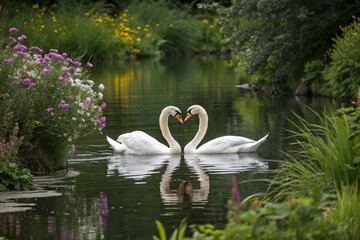 Obraz premium Romantic Swans Forming a Heart on Calm Water