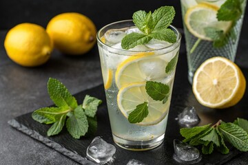 Fototapeta premium Refreshing lemon water with ice and mint in a glass on a dark surface - generated by ai