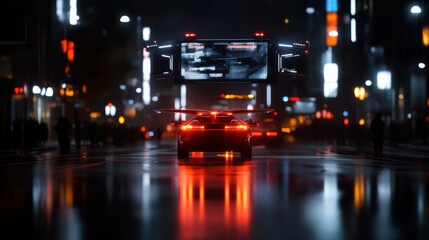 Fototapeta premium Conceptual cityscape with flying cars and holographic billboards.