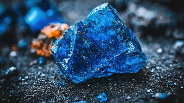 Rough, brilliant blue crystal on dark, gritty surface