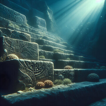 Close-up shot of an underwater megalithic staircase from the Yonaguni Monument, with razor-sharp edges, coral growths, and eroded symbols faintly etched into the stone