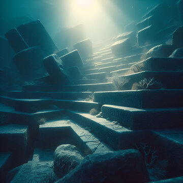 Close-up shot of an underwater megalithic staircase from the Yonaguni Monument, with razor-sharp edges, coral growths, and eroded symbols faintly etched into the stone