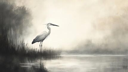 Obraz premium Heron Standing Quietly at Edge of Lake in Soft Morning Light
