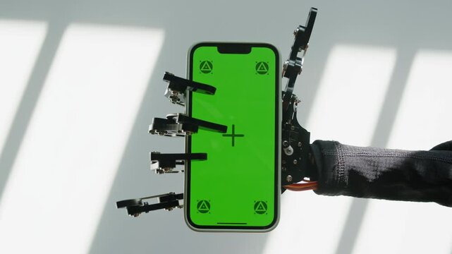 Robot Mechanical Arm Holding Green Mock-up Screen Smartphone, hand with phone AI, Industrial Robotic Manipulator End Effector Holds Mobile Phone with Chroma Key Display.