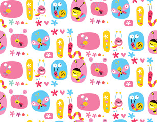 Honey Bee, Butterfly, snail,  Ant, Snake and Flower Funny character allover vector design.