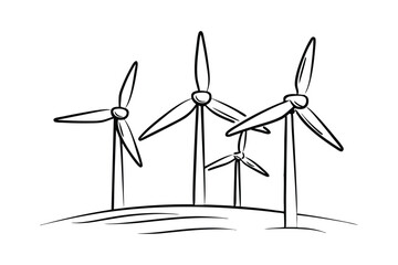 Minimalist wind turbine farm illustration clean energy concept renewable resources on a hill black and white