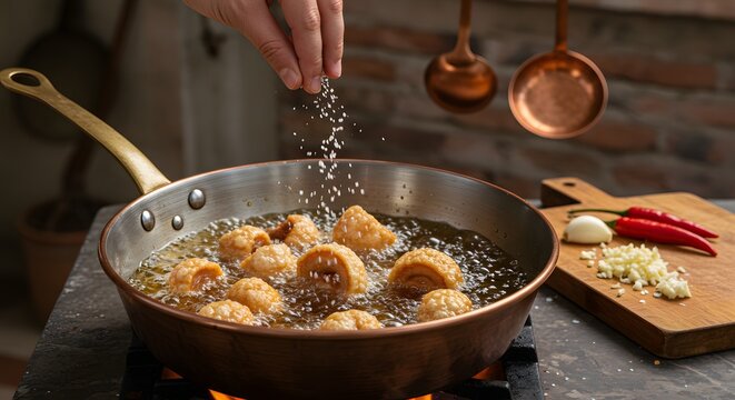 A detailed and artistic depiction of torresmo being fried in a deep copper pot over an open flame.