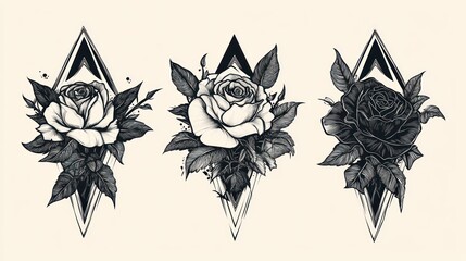 Obraz premium Three monochrome rose tattoo designs