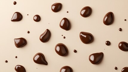 Fototapeta premium Melted chocolate drips on beige background; food texture