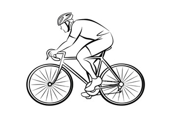 Black and white line art cyclist illustration of a man riding a bicycle with helmet