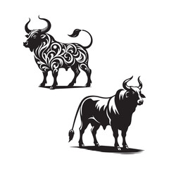 Set of black drawn bull cow icons vector art illustration on white background.