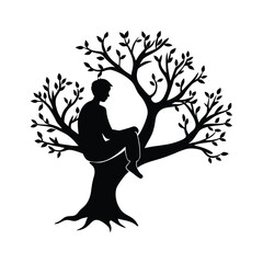 Vector silhouette of a man sitting on a tree branch looking peaceful