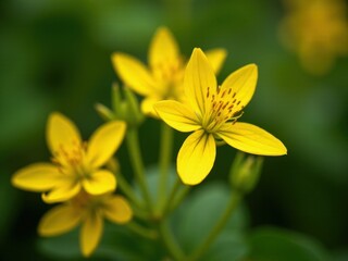 medicinal herbs and berries, traditional medicine Close up of a yellow flower with a green stem. The flower is surrounded by green leaves