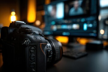 Professional camera resting on desk near computer showing editing software in a blurred background