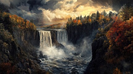 Fototapeta premium Autumn Waterfall Landscape Dramatic sunset over cascading falls, autumn foliage, rocky cliffs. Use Wallpaper, travel