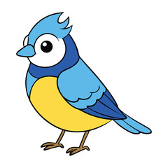 Cute bluebird, a happy cartoon animal with blue feathers and wings, perches on a nature branch with flowers, an illustration with artful design