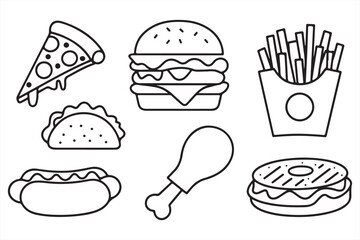 Food flat line art Illustration Icons set, Food Vector outline Clipart. set of fast food line drawing  Illustration bundle	