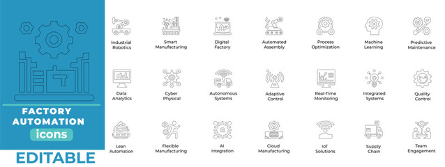 Factory Automation Icon Robotic Arm, Smart Industry 4.0 Symbol, Industrial Automation, Modern Manufacturing Technology Vector UI UX Outline, and Line Art