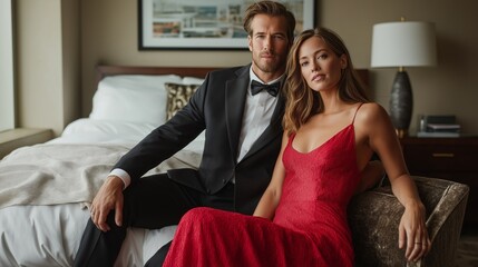 Obraz premium A stylish man in a tuxedo sits next to a beautiful woman wearing a striking red gown, both exuding confidence and charm in an upscale hotel setting as evening lights create a cozy ambiance.