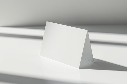 A hyper-realistic table tent card mockup standing upright on a clean, white surface with perfect lighting and shadow depth 