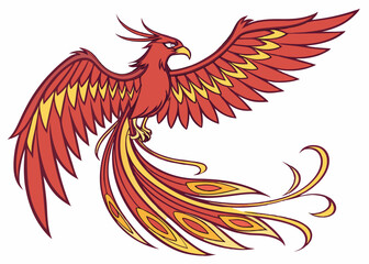 Mythical phoenix illustration spreading wings with fiery red and yellow feathers