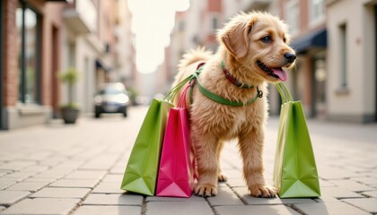 Dog with leash and shopping bags, symbolic of pet related consumerism