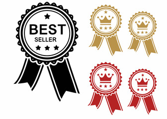 Collection of best seller and crown award ribbon icons in various colors