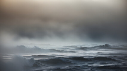 a breathtaking, high-contrast, cinematic photograph of a dramatic seascape, with the horizon line dividing the frame into two thirds, where the tumultuous sea meets the misty, fog-shrouded sky, captur