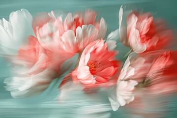 A soft focus image of pink and white carnations against a muted turquoise background creating a gentle scene