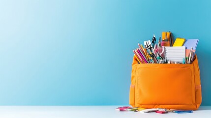 Colorful school bag filled with various stationery