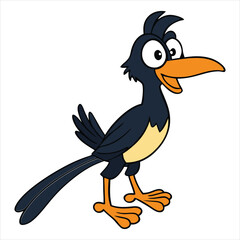 A cute, cartoon toucan bird vector illustration shows this isolated animal with its distinctive beak perched on a branch in the wild