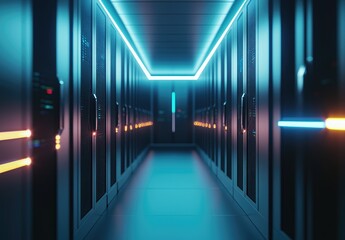 Fototapeta premium Futuristic server room corridor with glowing blue and orange accent lights. Perfect for cybersecurity concepts, IT infrastructure, and digital technology themes
