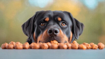 A Rottweiler gazes longingly at a row of dog treats placed on a table. The soft afternoon light creates a warm and inviting atmosphere for the scene