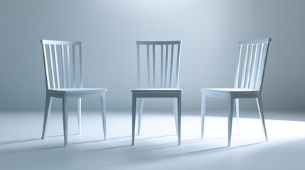 Three minimalist white chairs are arranged in a bright, softly lit space, creating a modern and serene atmosphere.