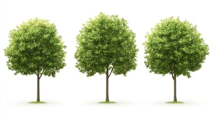 Three lush green trees on white background; nature design element