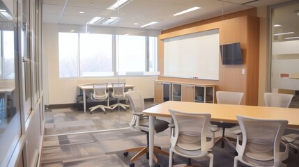 Fototapeta premium space featuring clean lines, neutral tones, a whiteboard with empty space, and modular furniture in a clutter-free layout