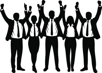 Team celebrating success, raising their hands in unity. Concept on teamwork, achievement, and professional victory