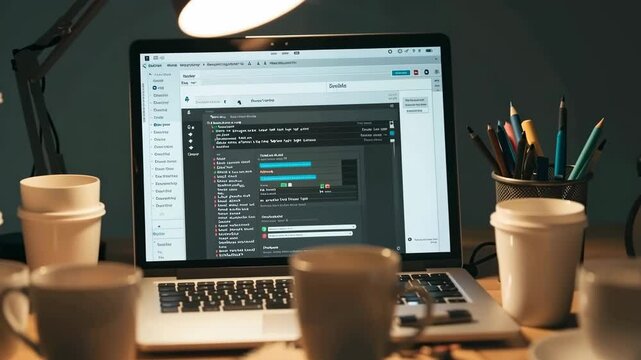 Laptop displaying code on a desk at night with many empty coffee cups