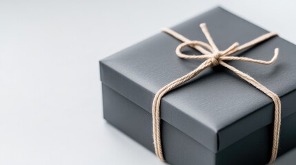 A simple, elegant, dark gray gift box, tied with light beige twine