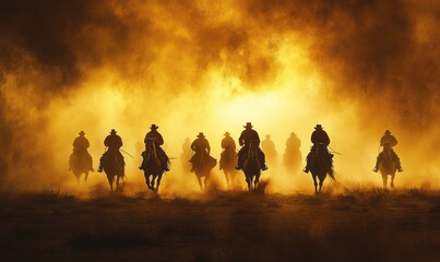 A group of cowboys rides across the desert plains, their silhouettes framed by a golden haze