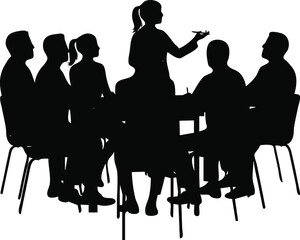 Leader presenting to a group, facilitating a team discussion. Concept on leadership, teamwork, and collaboration in a professional setting