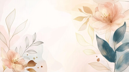 minimalist watercolor abstract background with golden line art flowers and botanical leaves perfect for invitation cards and packaging design