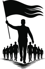 Leader holding a flag, leading a group towards a cause. Concept on leadership, unity, and social movement