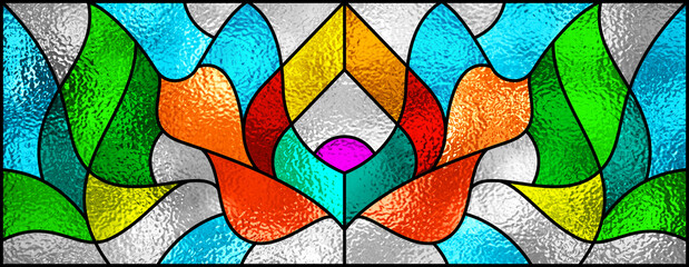 Stained glass window. Abstract colorful stained glass background. Art nouveau geometric decor for luxury modern interior. Flower pattern. Transparency. Multicolor template for design interior.