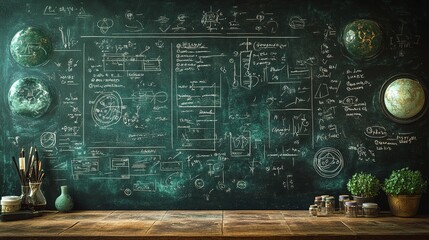 Chalkboard Filled with Scientific Diagrams, Globes, and Art Supp