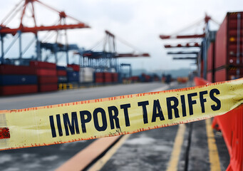 Obraz premium A caution tape with the words IMPORT TARIFFS stretches across a cargo port, symbolizing trade restrictions
