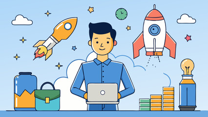 Cartoon business startup illustration with man working on laptop and rockets launching