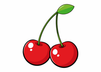 Two cartoon cherries connected by green stems and a leaf isolated