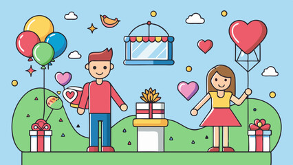 Romantic valentines day celebration illustration with couple gifts and decorations flat design