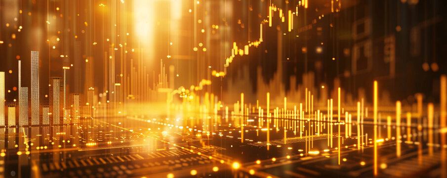 Abstract financial data cityscape with glowing lines